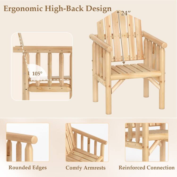 Outdoor Wooden Armchair Pine and Fir Wood Patio Chair with High Backrest Ergonomic Design - 26" x 24.5" x 38.5"