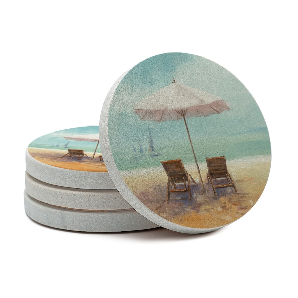 By the Shore 4 Pack Round Natural Sandstone Coasters with Protective Cork Backing Manufactured in The USA