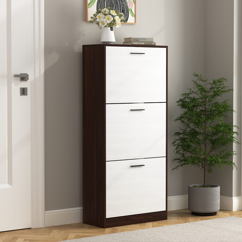 Compact Shoe Cabinet with 3 White Flip Drawers, Freestanding Organizer for Entryway, Living Room & Bedroom