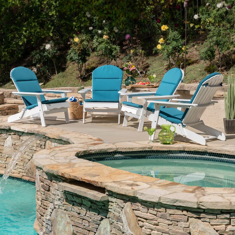 Malibu Outdoor Acacia Wood Folding Adirondack Chairs with Cushions (Set of 4) by Christopher Knight Home - White+Dark Teal Cushion