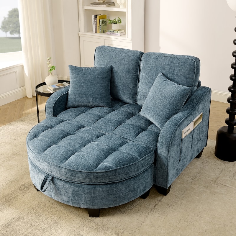 Two-Seater Chaise Longue Sofa with Storage Footrest, Irregular Armrests & Throw Pillows for Living Room & Bedroom - Blue