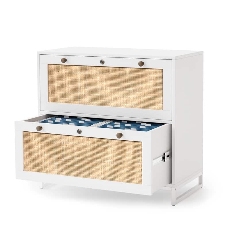 File Cabinet Lateral 2-Drawer Wood Rattan with Lock for Home Office