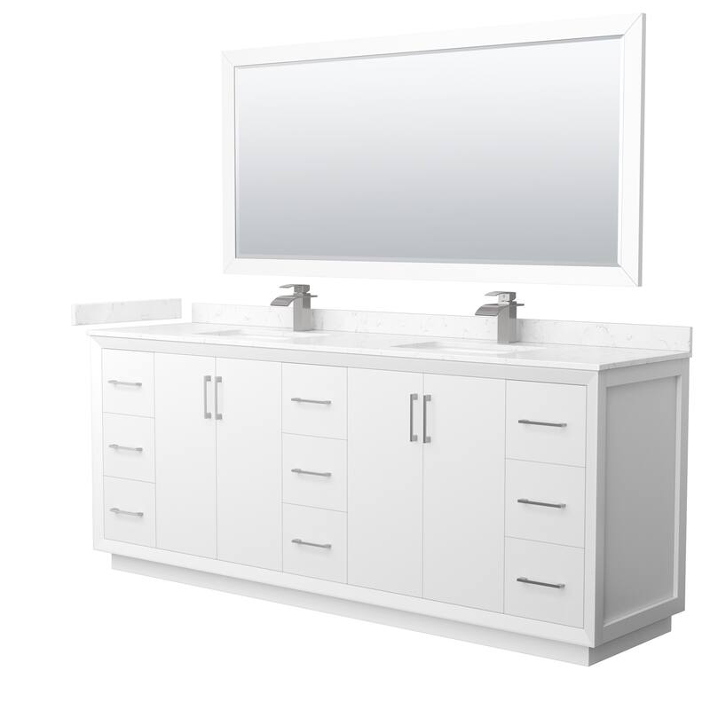 Wyndham Collection WCF414184D-VCA-UNSM70 Strada 84" Free Standing - White / Carrara Cultured Marble Top / Brushed - Painted