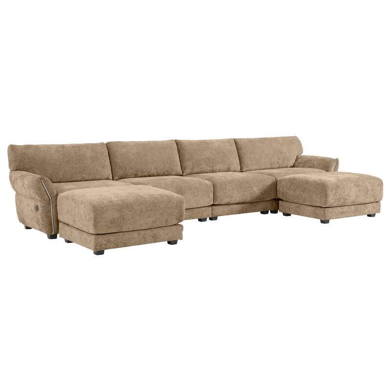 142" Chenille U-Shaped 6-Seater Sectional Sofa with USB/Type-C Charging, Petal Armrests and Free-Move Ottoman