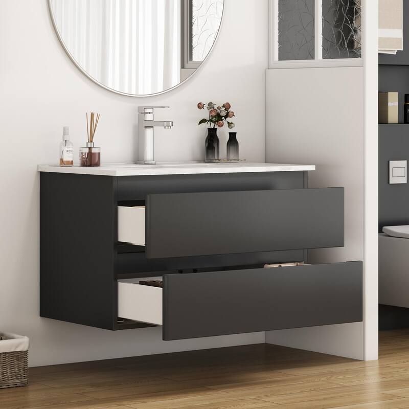 32 Inch Floating Bathroom Vanity with One-piece Ceramic Sink, Wall Mounted Cabinet with 2 Drawers