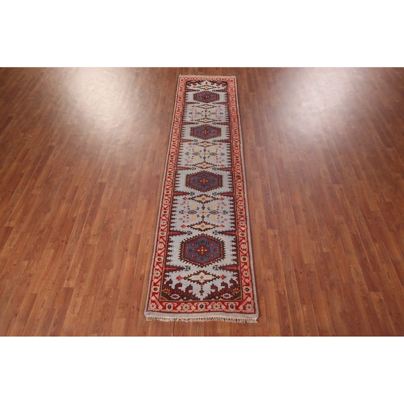 Light Blue Geometric Viss Oriental Runner Rug Handmade Wool Carpet - 2'6"x 10'0"
