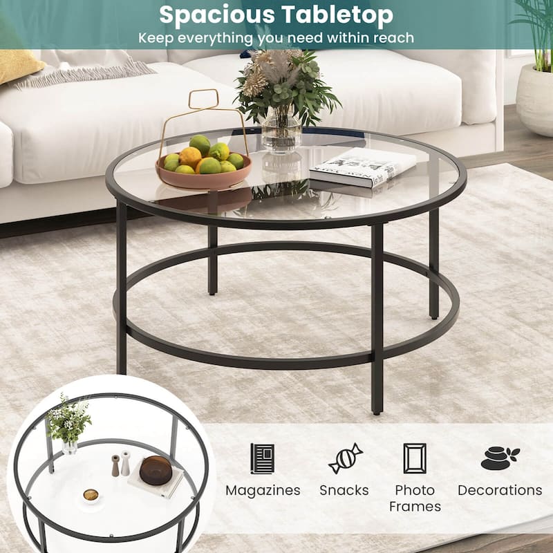 Costway 36'' Round Coffee Table Tempered Glass Tabletop Metal Frame - See Details