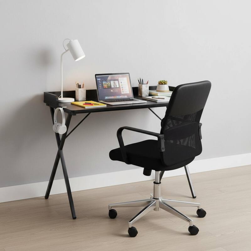 Homylin Modern Metal Frame Writing Desk with Raised Back Shelf, Black - Black