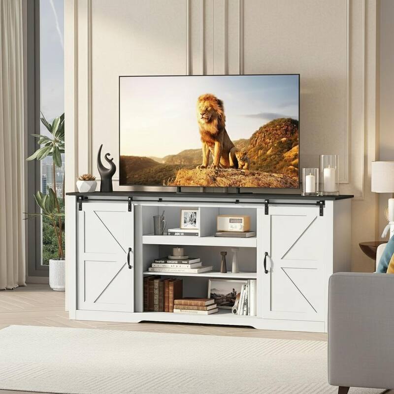 Farmhouse TV Stands, with Adjustable Shelves & Sliding Barn Door - Black+White