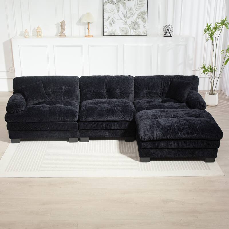 3-seat L Shaped Modular Sleeper Sofa, Dual-Layer Cushioning, Ottoman, 2 Pillows - Black for Living Room