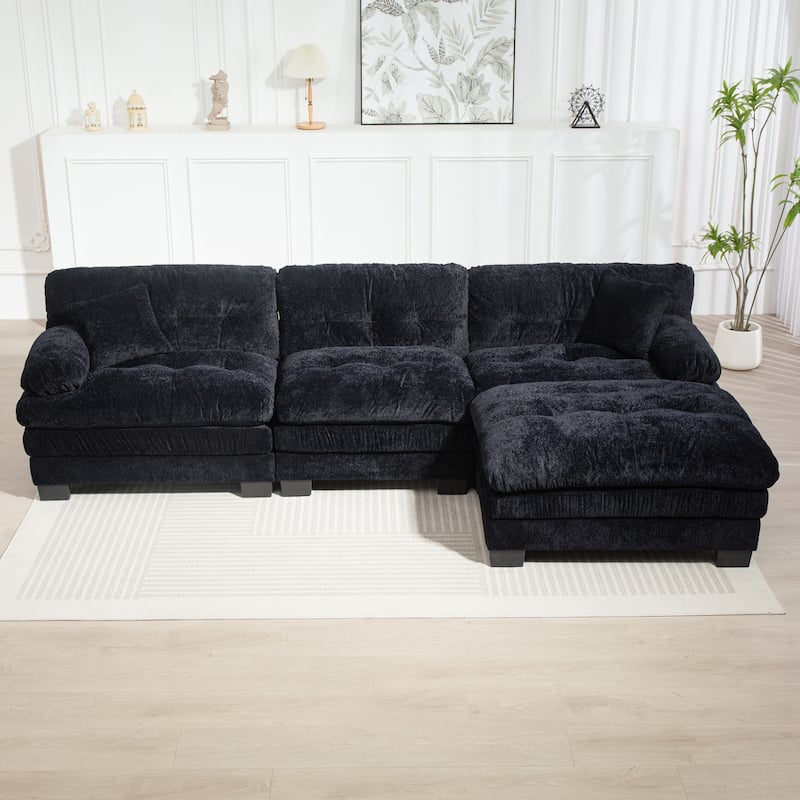 Modern 3 Seat L Shaped Modular Sectional Sofa with Chenille Upholstery and Ottoman for Living Room and Guest Room