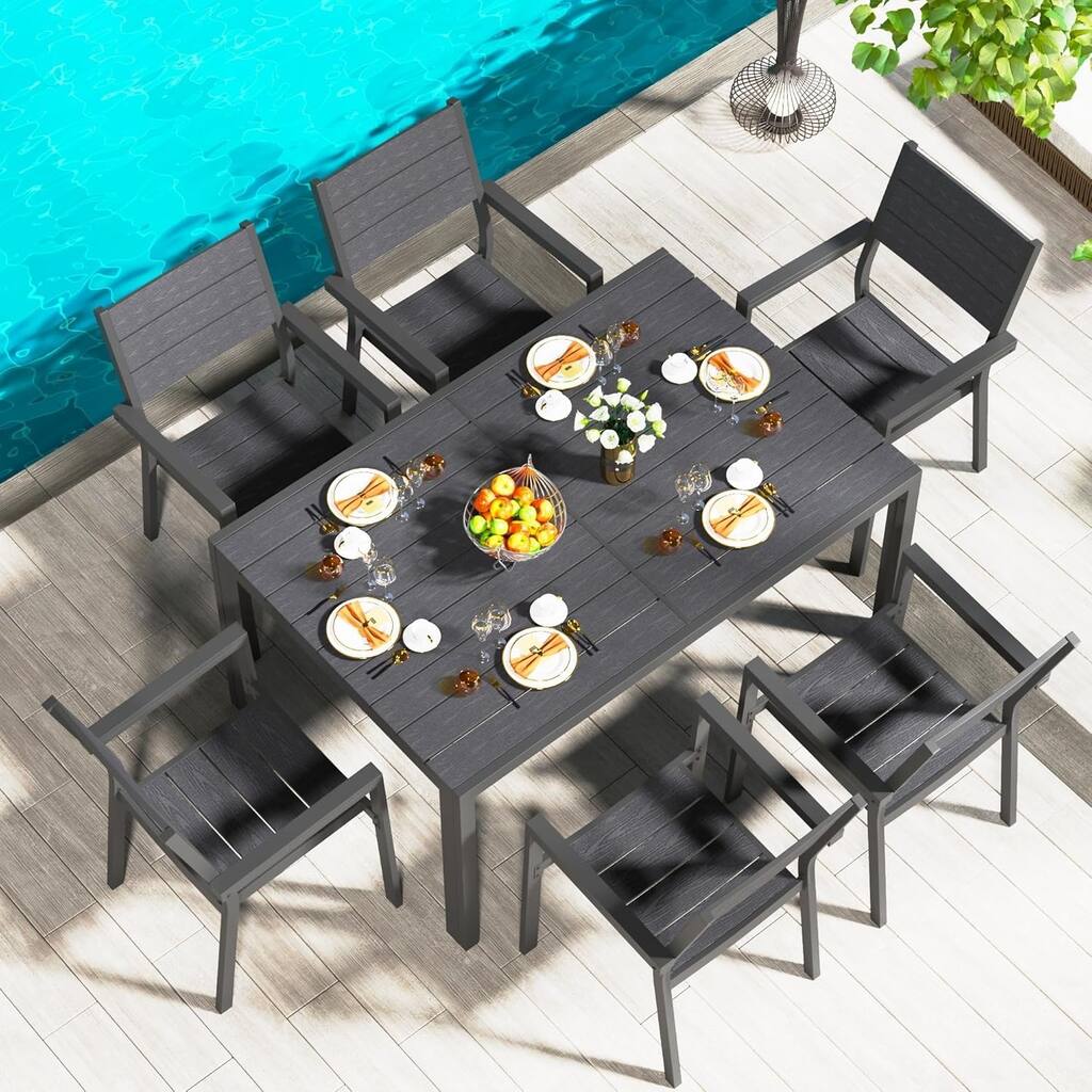 AECOJOY 7 Piece Outdoor Dining Set, 60" x 36" Aluminum Patio Table and Chairs Set for 6 with Rectangular Table