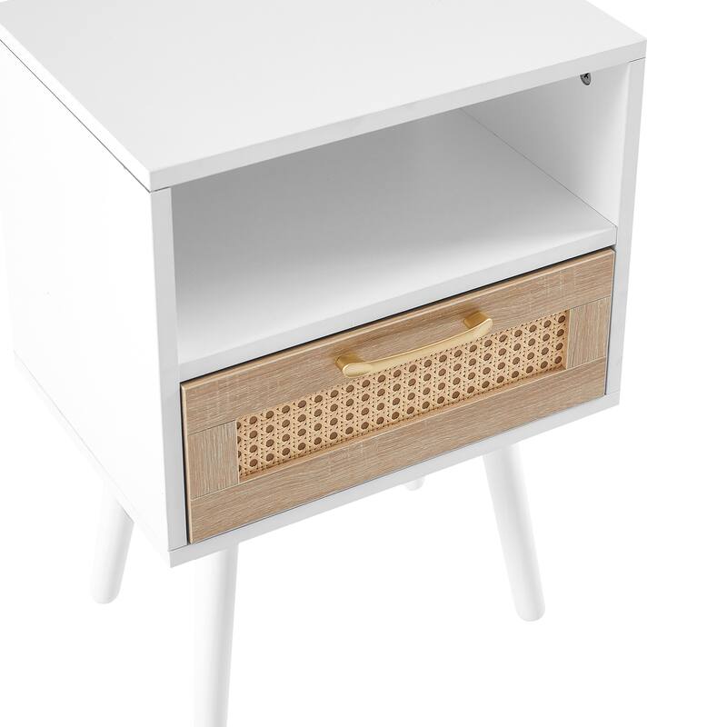 Rattan End Table Modern Black 15.7" Nightstand with Drawer and Solid Wood Legs, Bedroom Floor Organizer Display Cabinets