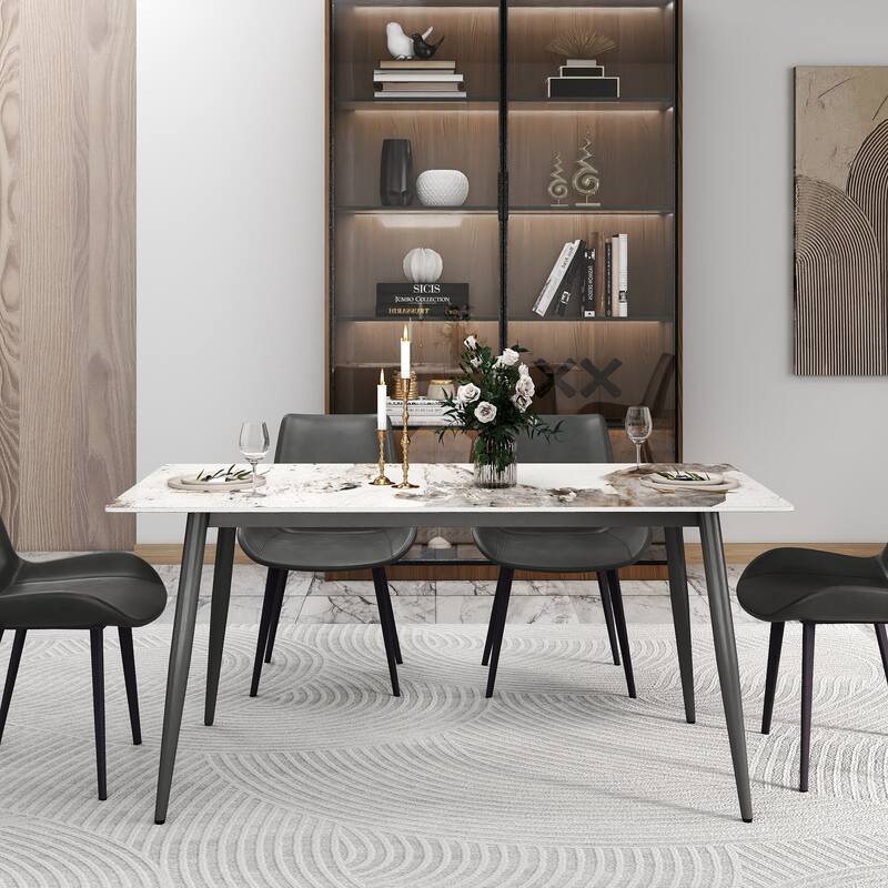 63" Rectangle Modern Sintered Stone Dining Table, Industrial Kitchen Table with Metal Legs for 6 People