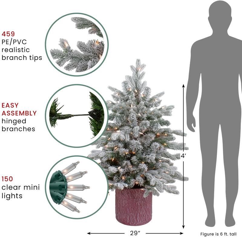 4' Flocked Saratoga Spruce Artificial Christmas Tree Pot Clear Lights - 4 Foot