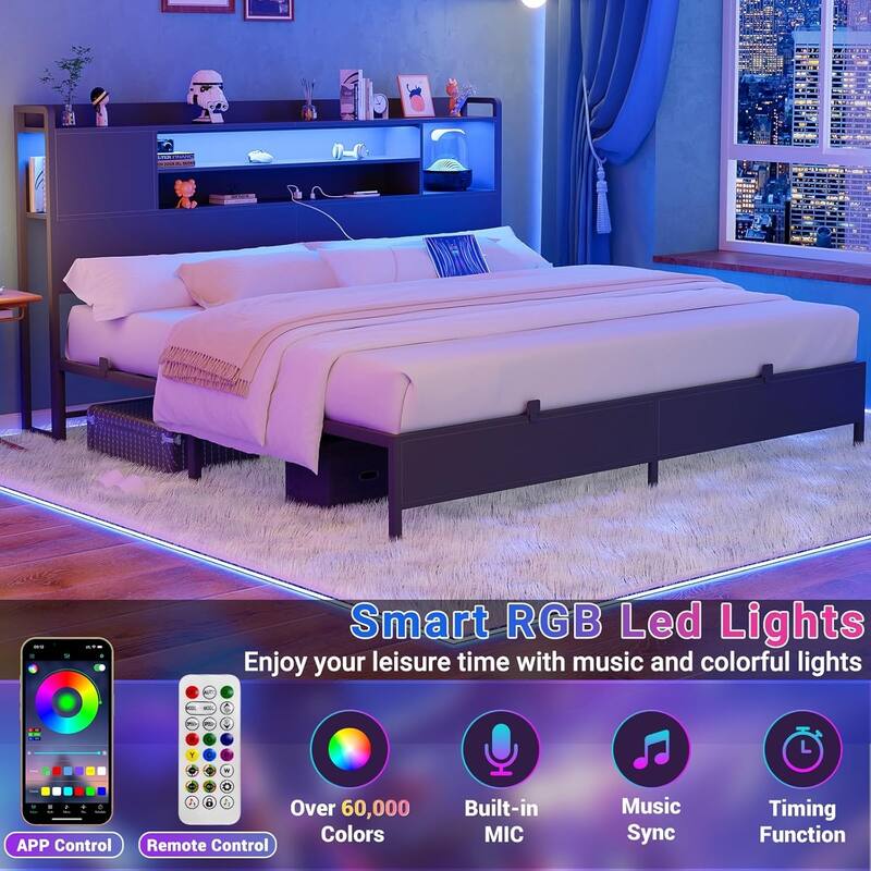 Platform Bed Frame with Reversible Storage Bookcase Headboard and Charging Station and RGB LED Lights
