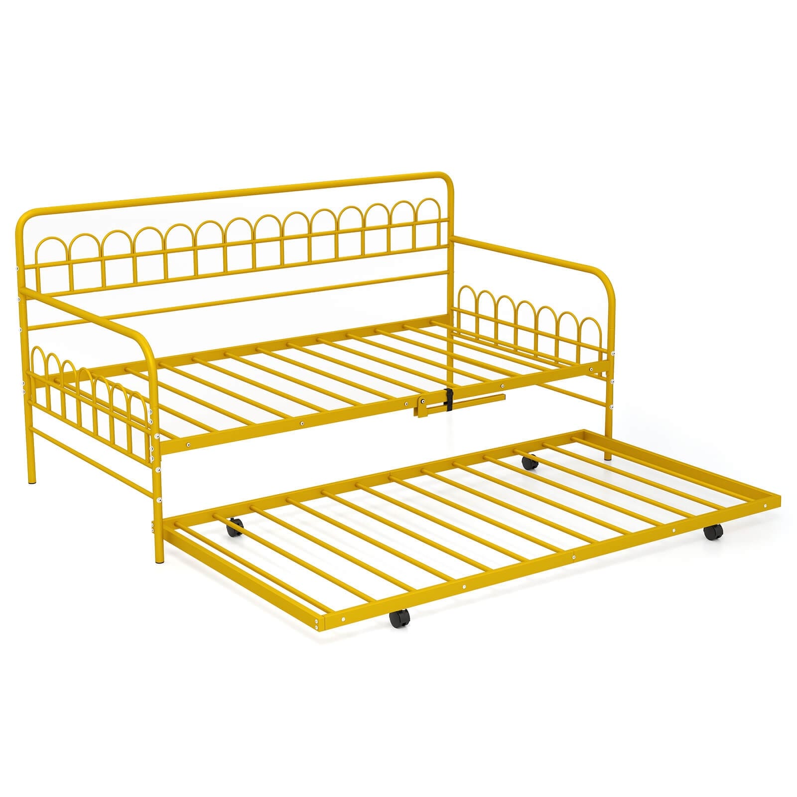 Metal Trundle Bed Twin Daybed w/ Curved Backrest & Armrests