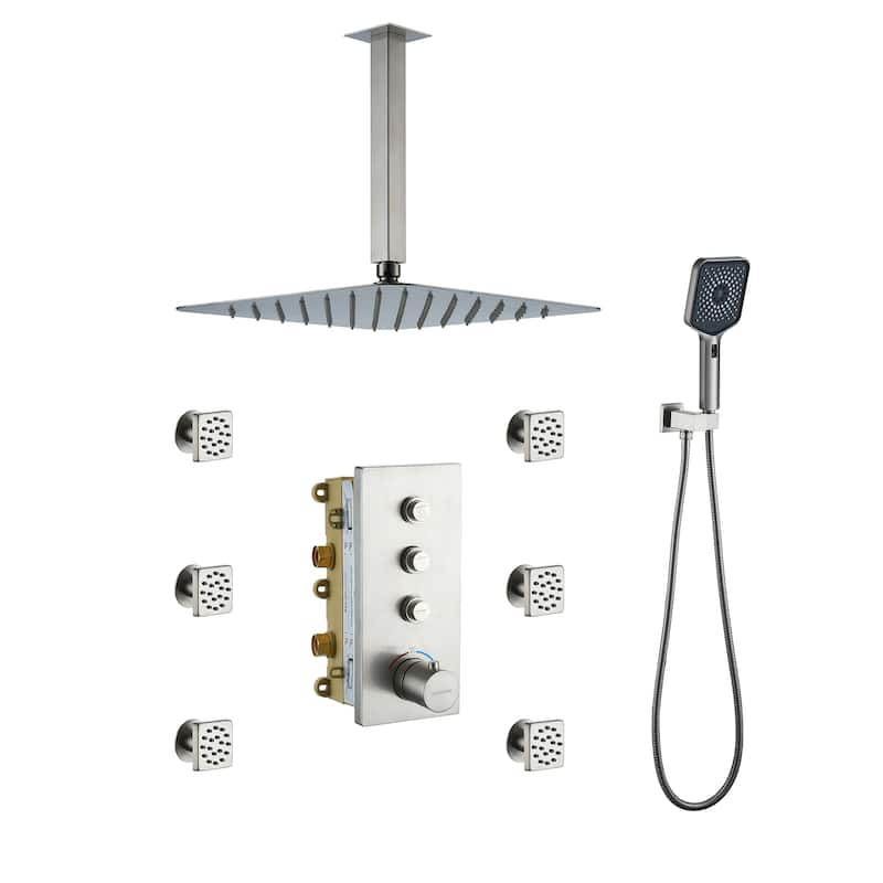 Luxury Thermostatic Shower System 3-Spray Patterns Ceiling Mount Fixed Shower Head and Handheld Spray with 6 Body Jets