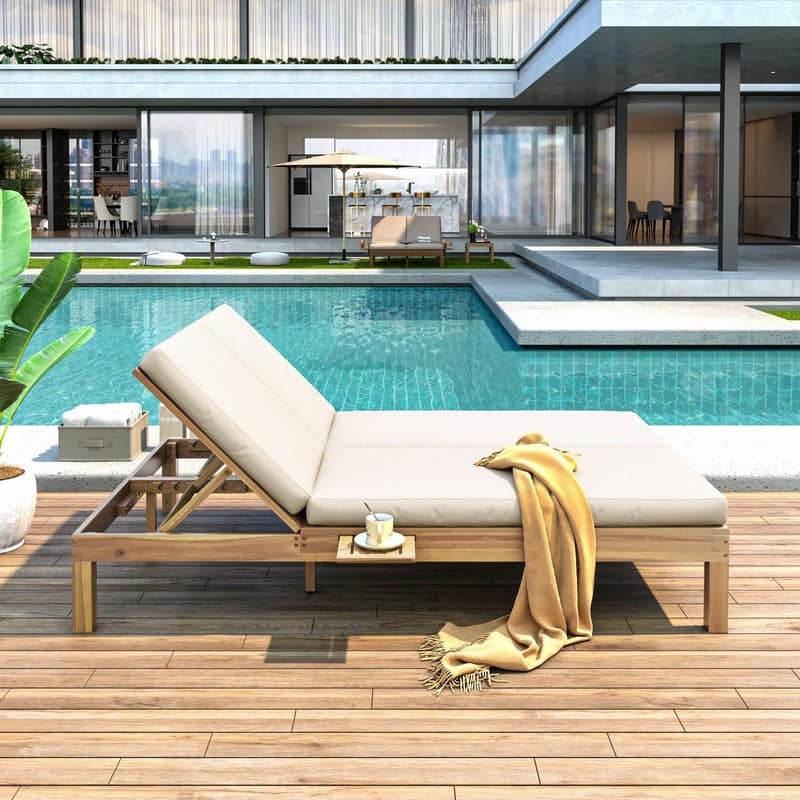 Acacia Wood Double Outdoor Chaise Lounge with 5-Position Adjustable Backrest