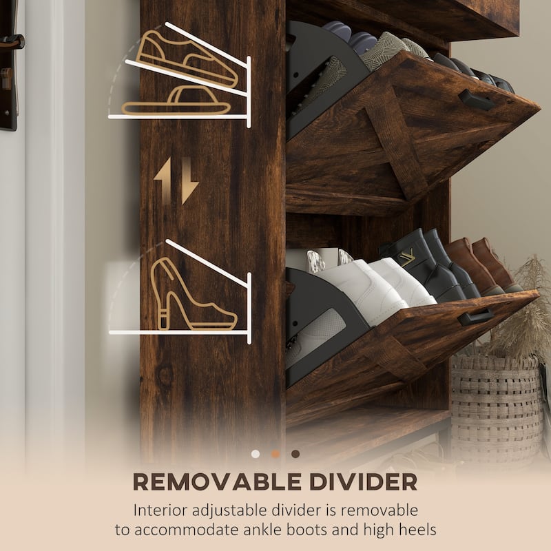 Narrow Shoe Cabinet with 2 Flip Doors and Top Drawer, Brown