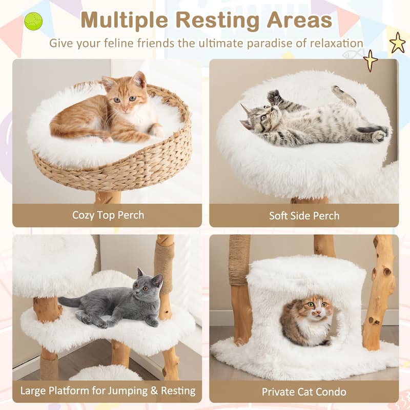Solid Wood Cat Tower with Top Cattail Basket Cat Bed for Indoor Cats-White - Natural-White - 19" x 19" x 49"