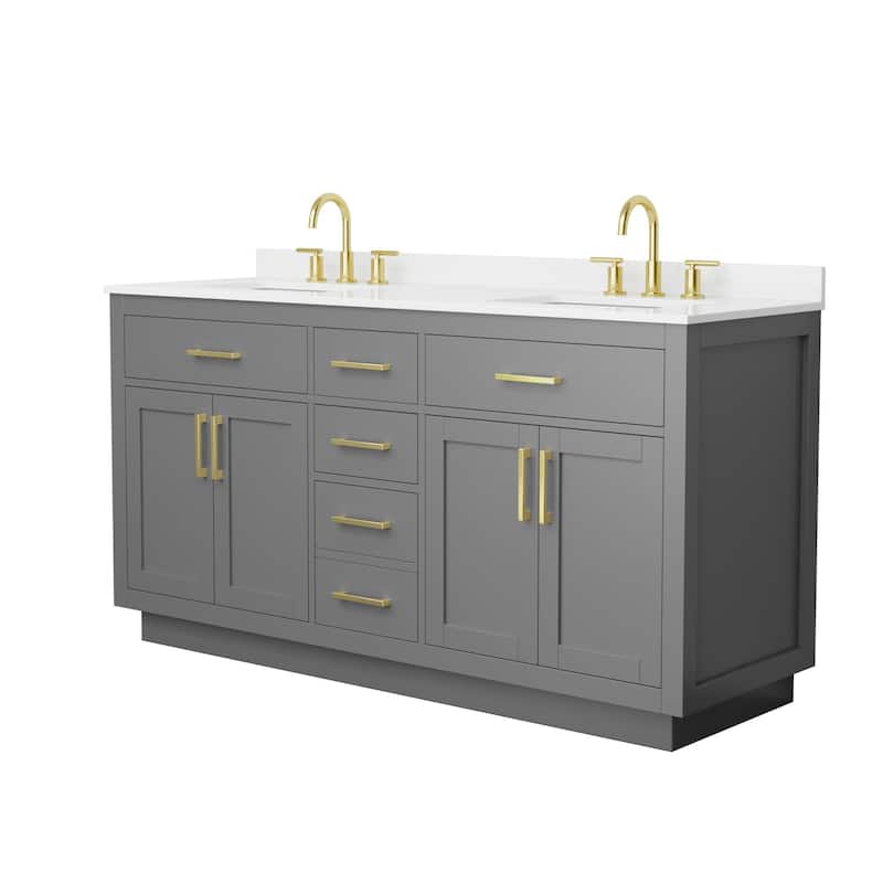 Beckett TK 66-inch Double Vanity, 3 Hole Quartz Top - Dark Gray, Gold Trim, White Quartz Top