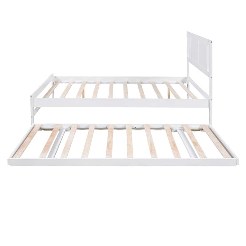 Full Size Platform Bed with Adjustable Trundle, Wooden Bed Frame