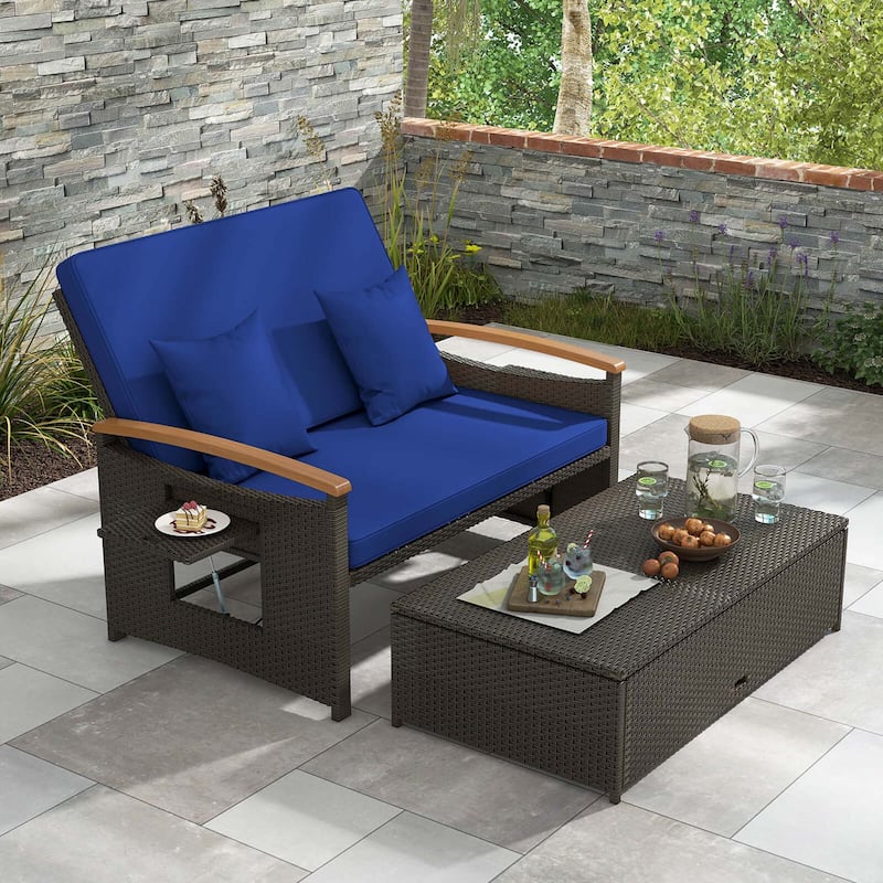 Patio Rattan Daybed Set with Cushioned Loveseat & Storage Ottoman