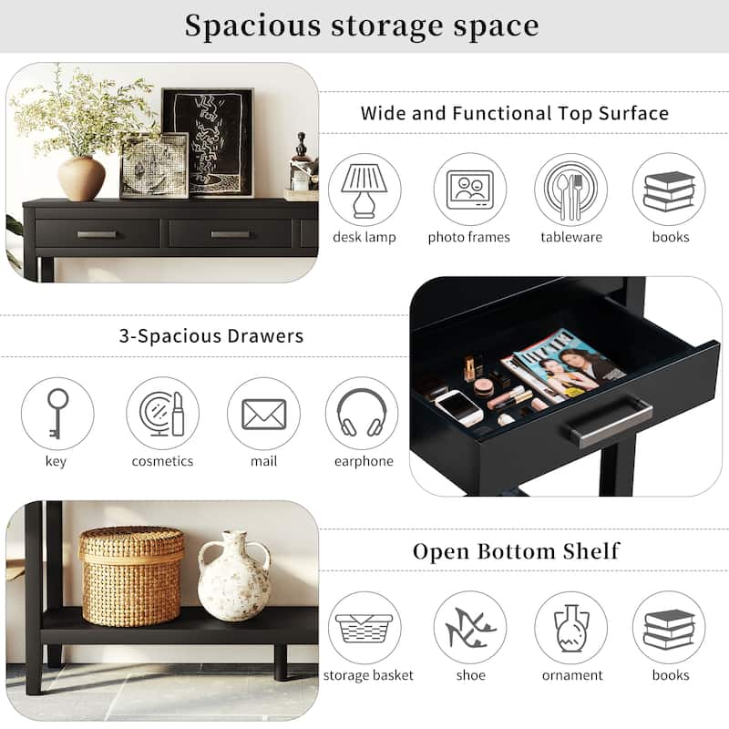 Farmhouse Entryway Table Console Table with 3 Drawers, Black Sofa Table Hallway Table with Bottom Shelf