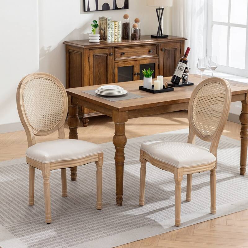 French Style Solid Wood Frame Antique Painting Linen Fabric Back Dining Chair
