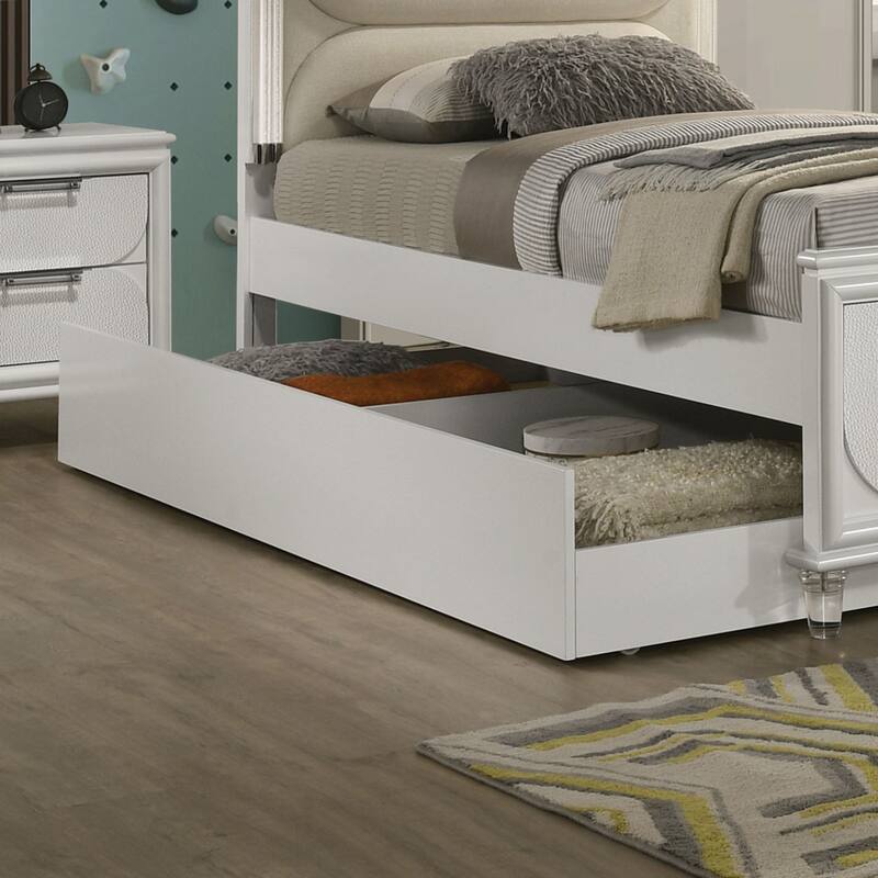 Pearl White Upholstered Twin Bed with LED Headboard and Trundle, Contemporary Design