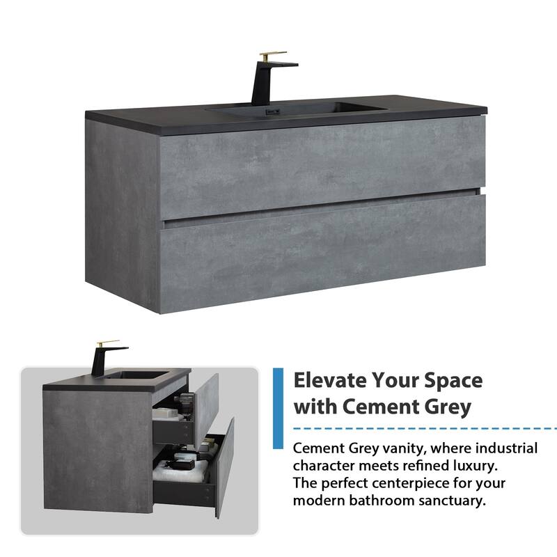 RupheonD 36" 48" Cement Grey Bathroom Vanity with Black Quartz Top