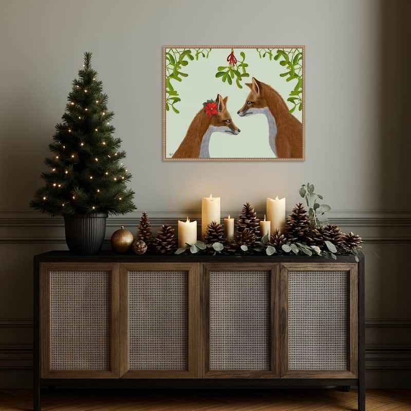 Foxes and Mistletoe by Fab Funky (28 x 23 in.), Framed Canvas Wall Art Print - Sylvie Beaded Rustic Natural