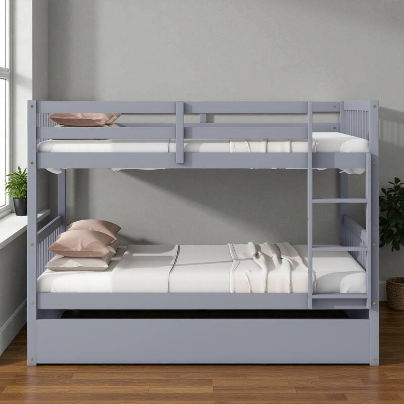 Full Over Full Rubber Wood Bunk Bed with Trundle, Convertible into Two Full Beds, Ladder and Guardrails Included