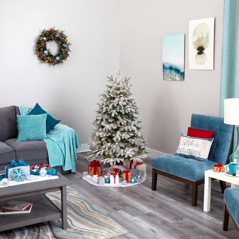 5ft. Flocked Fir Artificial Christmas Tree with 300 Warm White Lights, Instant Connect & 511 Branches - Easy-Setup X-Mas Tree