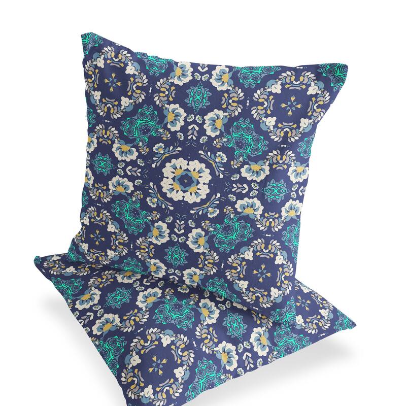HomeRoots Set of Two 16" X 16" Blue and White Blown Seam Floral Indoor Outdoor Throw Pillow - 16.00' X '16.00' X '5.00