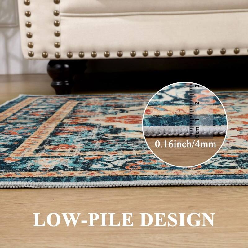 Boho Vintage Area Rug Machine Washable Low Pile Soft Floor Carpet