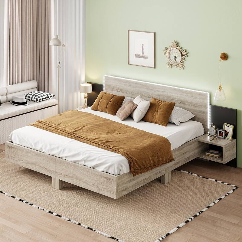 Wooden Floating Platform Bed, with LED Lights and Bedside Nightstand