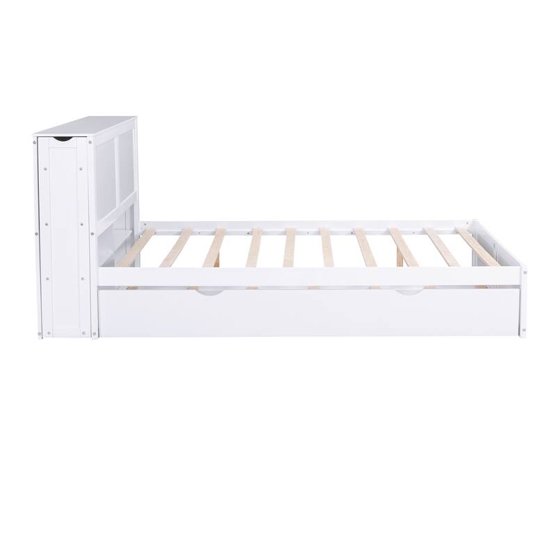 Queen Size Storage Bed with Pull-Out Shelves and Twin XL Trundle, White