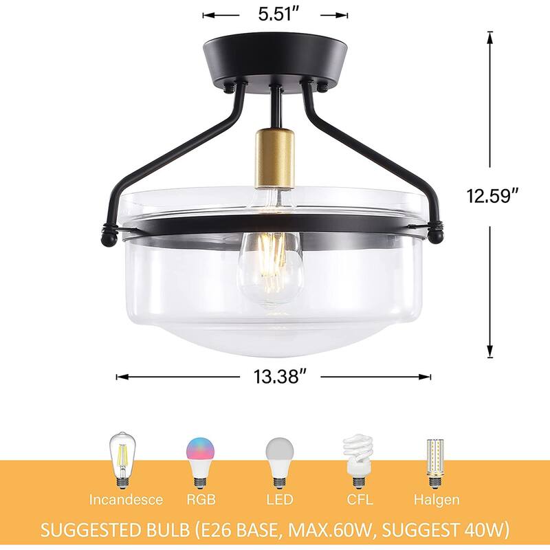 1-Light Dimmable Semi-Flush Mount with Clear Glass Shade for Bedroom Foyer