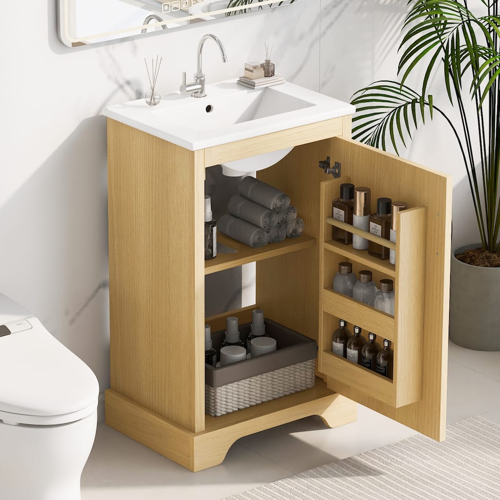 20" Freestanding Bathroom Vanity, Soft Closing Door, Adjustable Shelve & Storage Rack, MDF & Ceramic Sink - 20 in W MDF