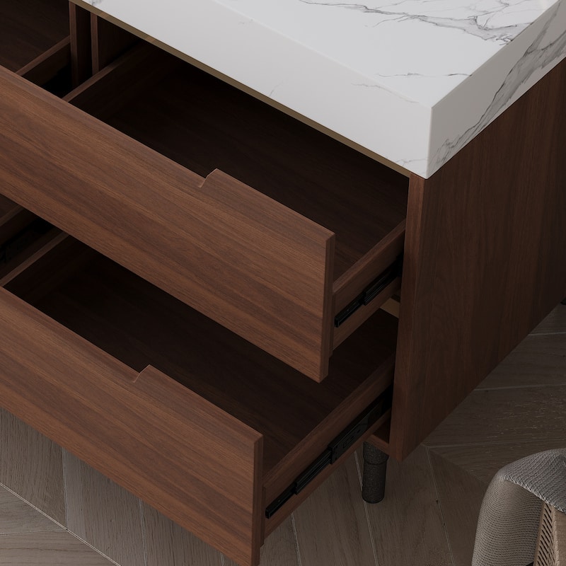 Freestanding/Wall-Mounted Bathroom Vanity with Sink, 4 Storage Drawers, Waterproof Solid Wood Frame and Detachable Iron Legs