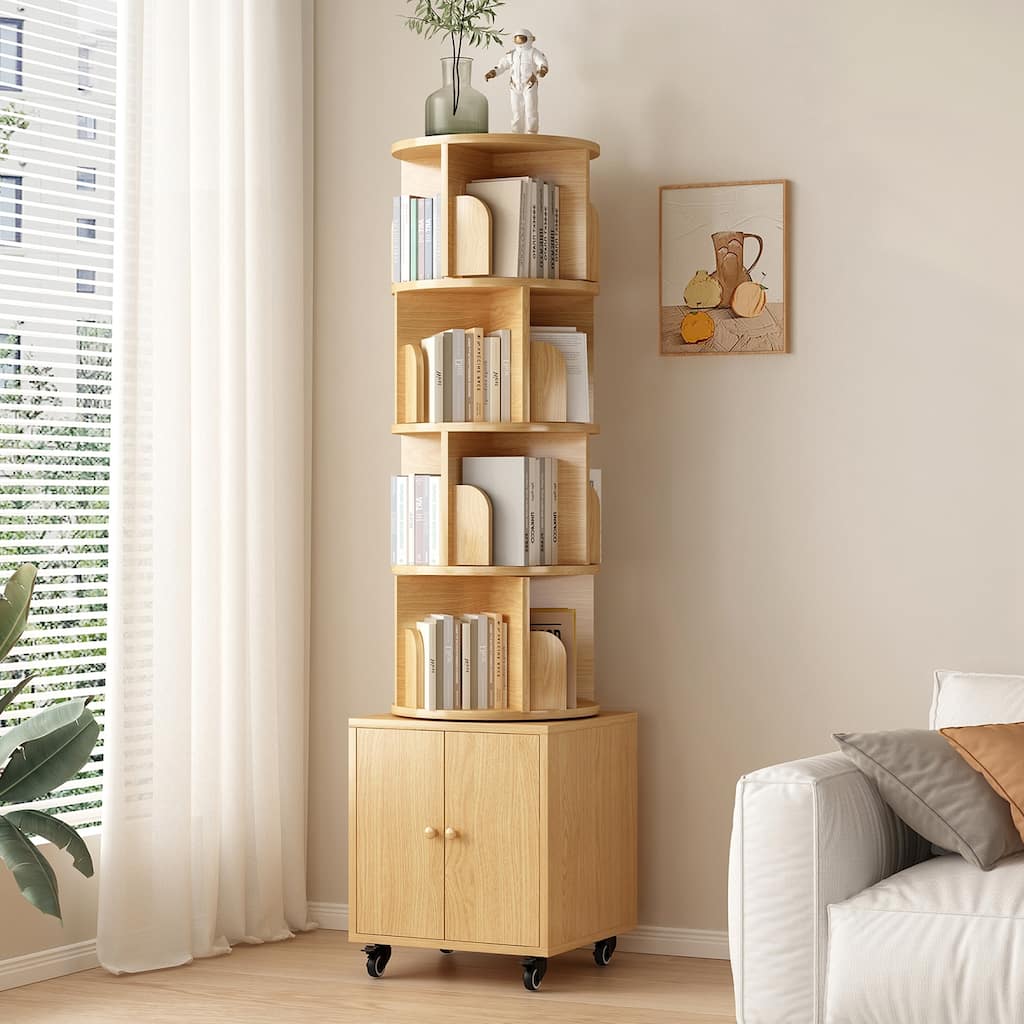 360 Degree Display 5 Tier Corner Bookshelf with Drawer, Floor Standing Bookcase Storage Rack, Wood Narrow Book Shelf Organizer