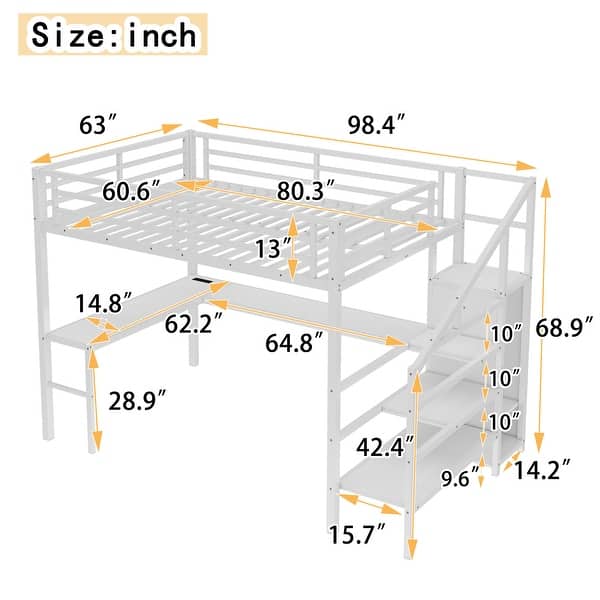 dimension image slide 4 of 7, Kids Loft Bed Metal Frame Bed with Wardrobe, L-shaped Desk and Storage Stairs, High Loft Bed with LED, USB and Adjustable Shelf