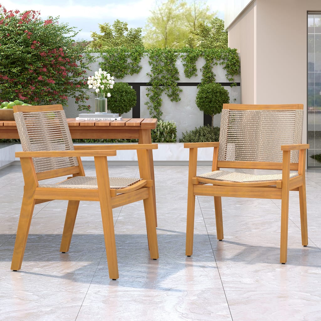 Roomfitters 24.75" Set of 2 Acacia Wood Outdoor Dining Chairs, Modern Hand-Woven Rope Back and Seat with Armrests, Brown