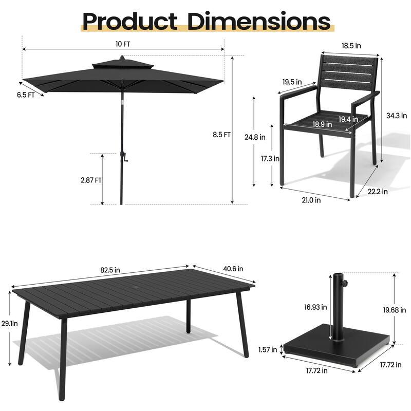 11PC Outdoor Patio Dining Set WoodLike Aluminum Umbrella Hole Table with Stackable Armchairs,Double Top Market Umbrella and Base