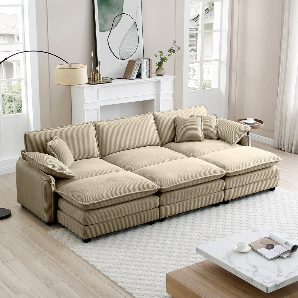 6-Piece Corduroy Modular Sleeper Sectional Sofa with 3 Ottomans & 5 Pillows