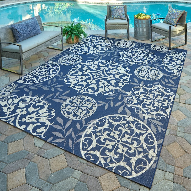Gertmenian Solterra Bohemian Moroccan Global Weather Resistant Polypropylene Flatweave Indoor/ Outdoor Area Rug Collection - 5'3"x7' - Sovana Navy