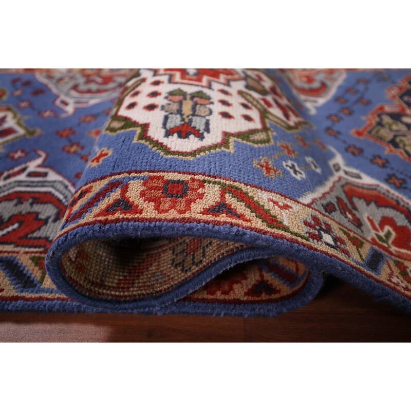 Geometric Blue Kazak Oriental Runner Rug Hand-Knotted Wool Carpet - 2'7"x 8'0"