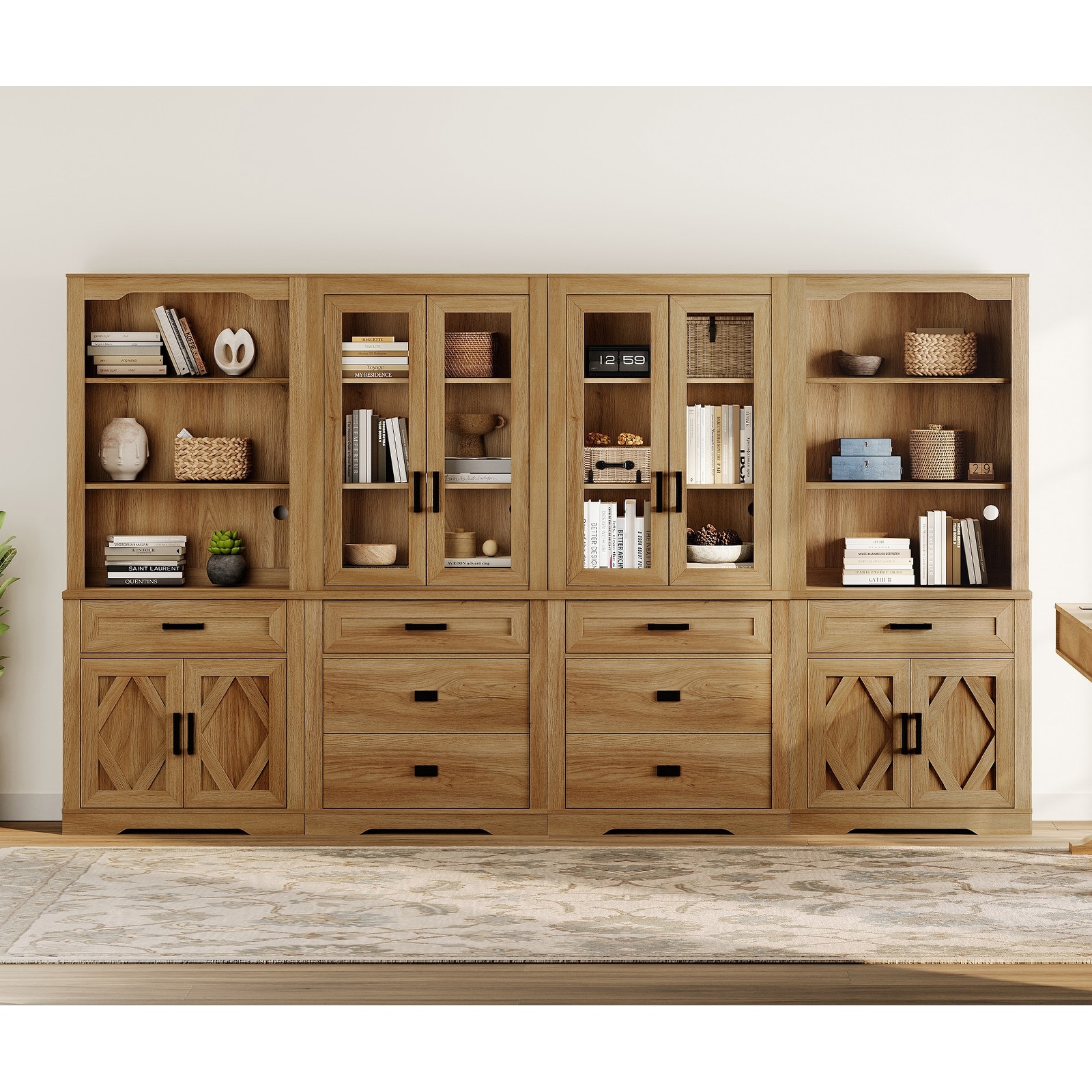 4-Column 73.3" Tall Bookshelf Set with Open Storage and Glass Doors